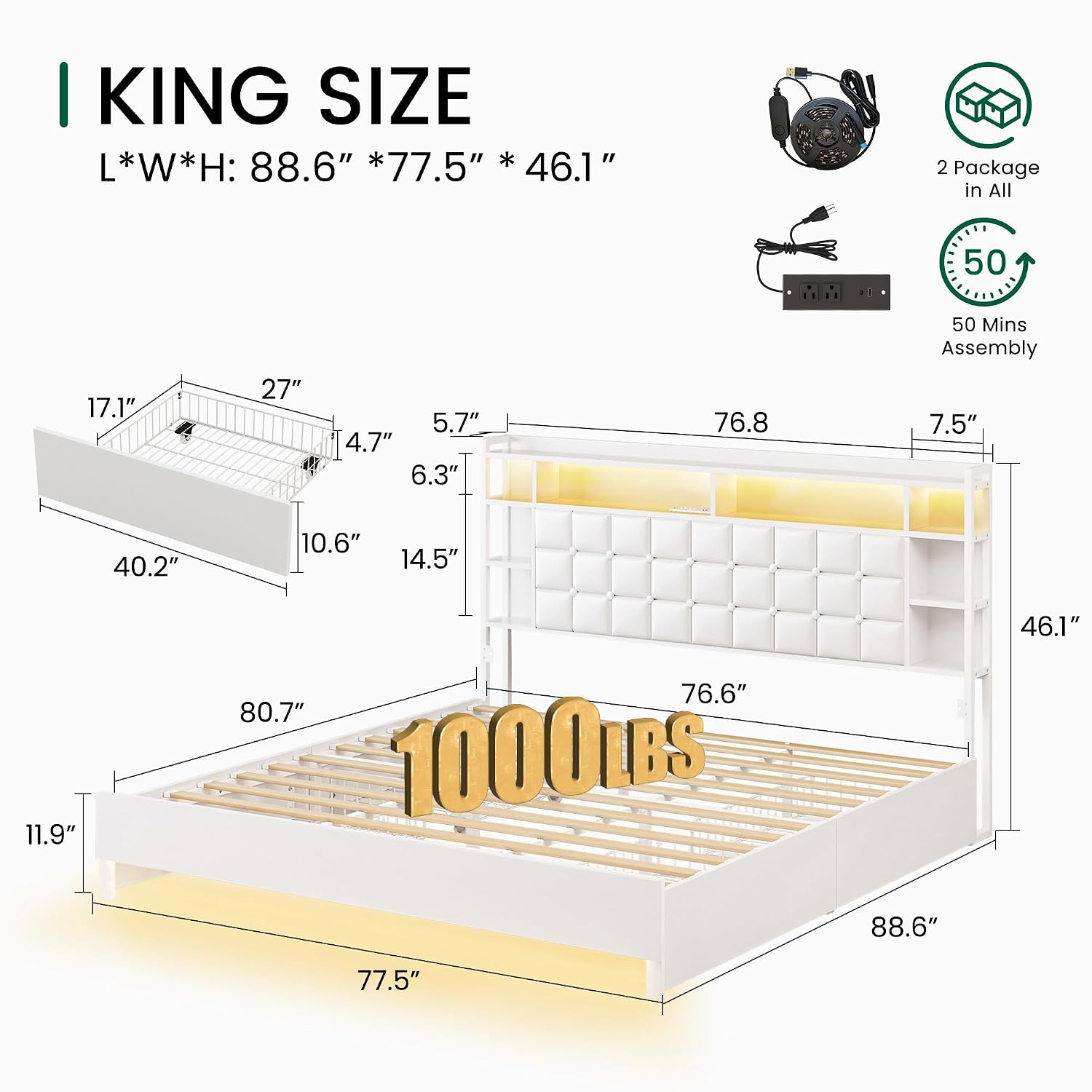 King Size Bed Frame With Storage Drawers - Cadre de lit en bois de