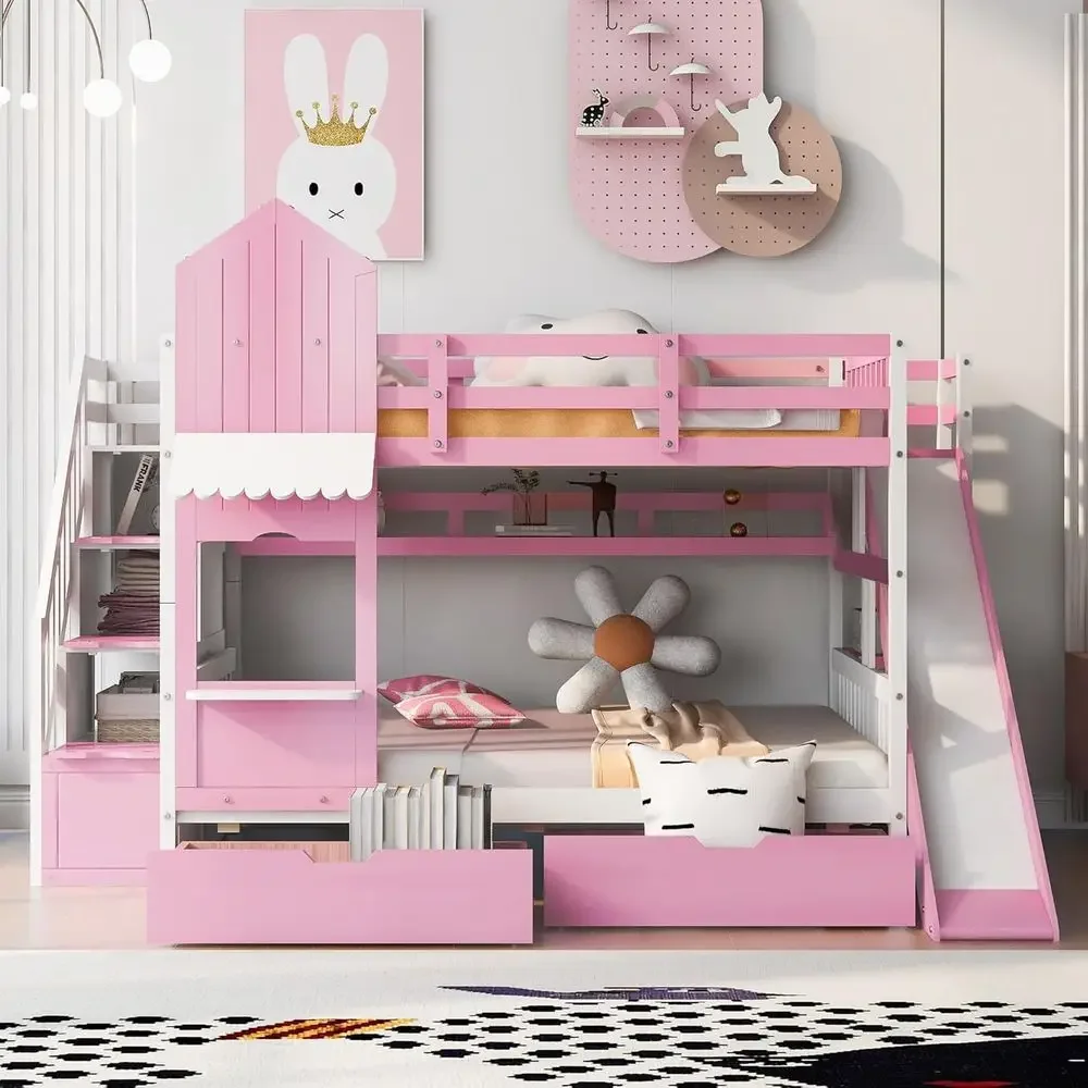 Bunk Bed With Stairs And Slide - Lit superposé pour enfants avec escalier,