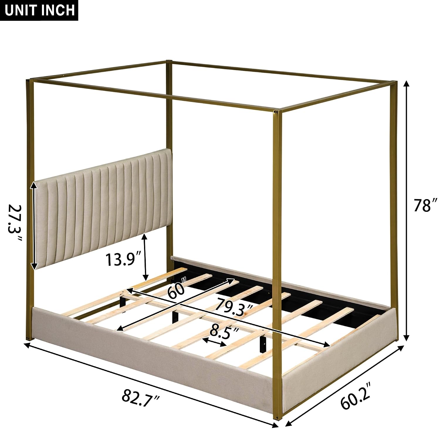 Canopy Bed Frame Metal Queen - Lit moderne à baldaquin 4 piliers,