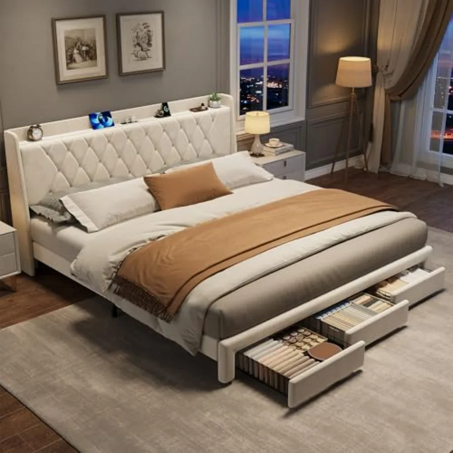King Size Bed Frame With Storage Drawers - Cadre de lit plateforme capitonné en