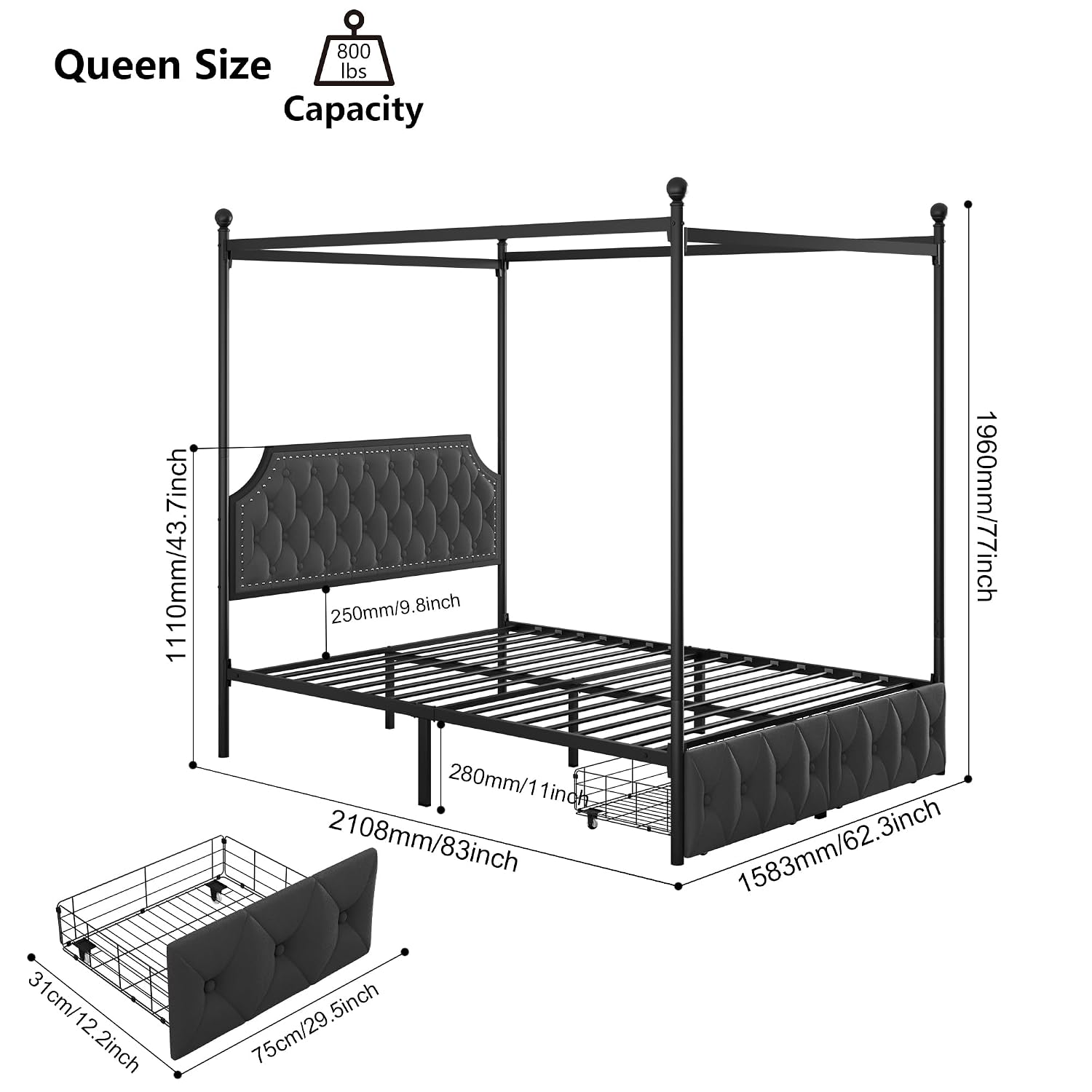Canopy Bed Frame Metal Queen - Cadre de lit avec tête de