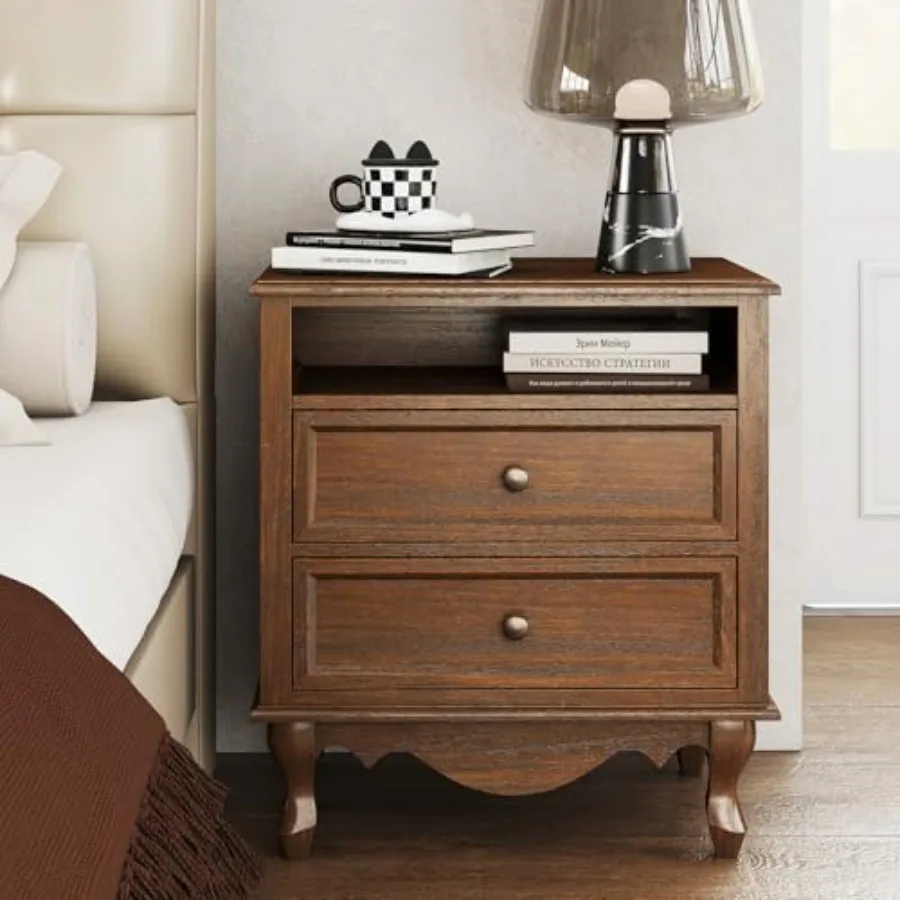 Solid Wood Nightstand 2 Drawers - Table de chevet en bois massif,