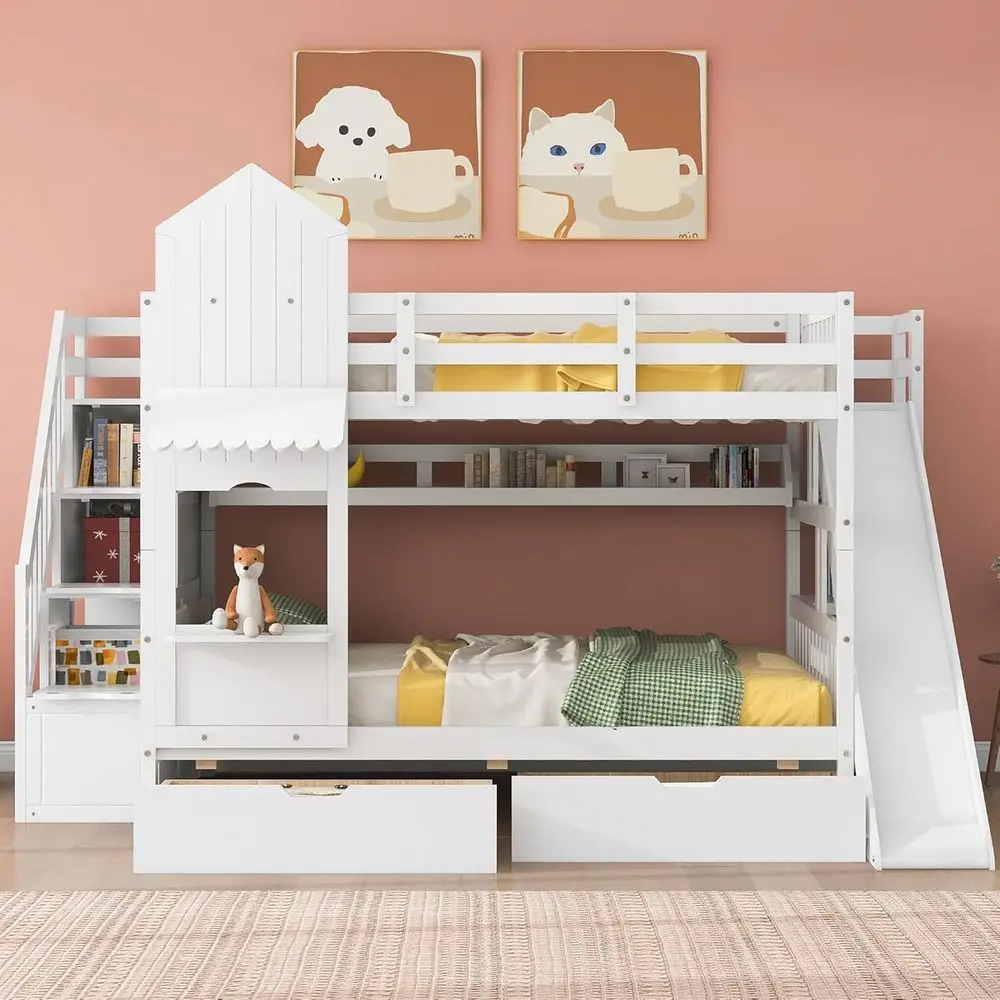 Bunk Bed With Stairs And Slide - Lit superposé blanc pour enfants avec