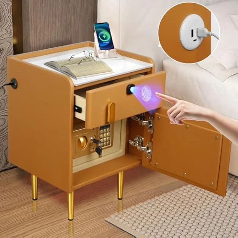 Solid Wood Nightstand 2 Drawers - Table de chevet intelligente avec coffre-fort