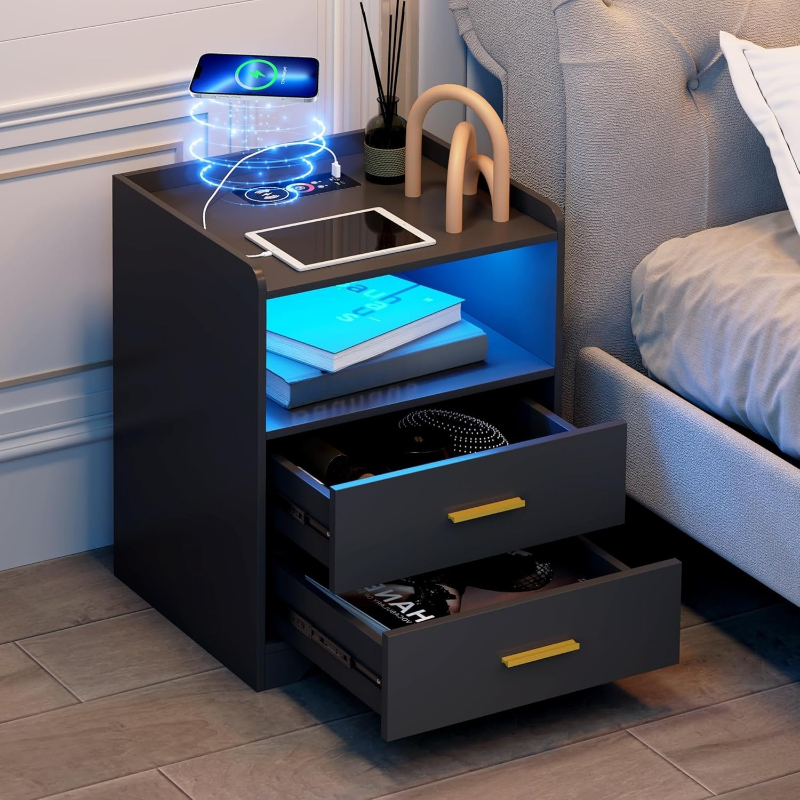 Table de chevet LED noire avec - Solid Wood Nightstand 2 Drawers avis et prix