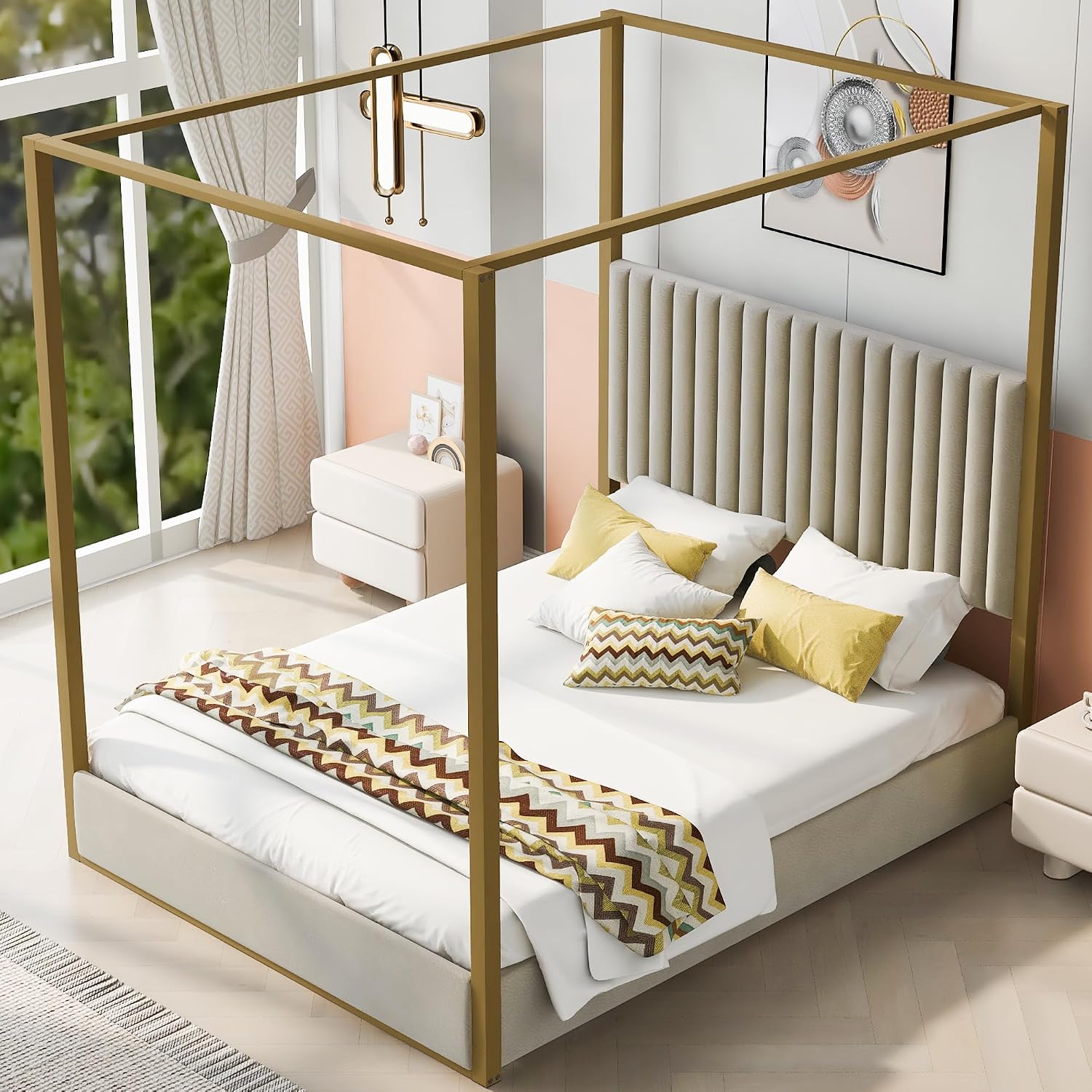 Lit moderne à baldaquin 4 pili - Canopy Bed Frame Metal Queen avis et prix