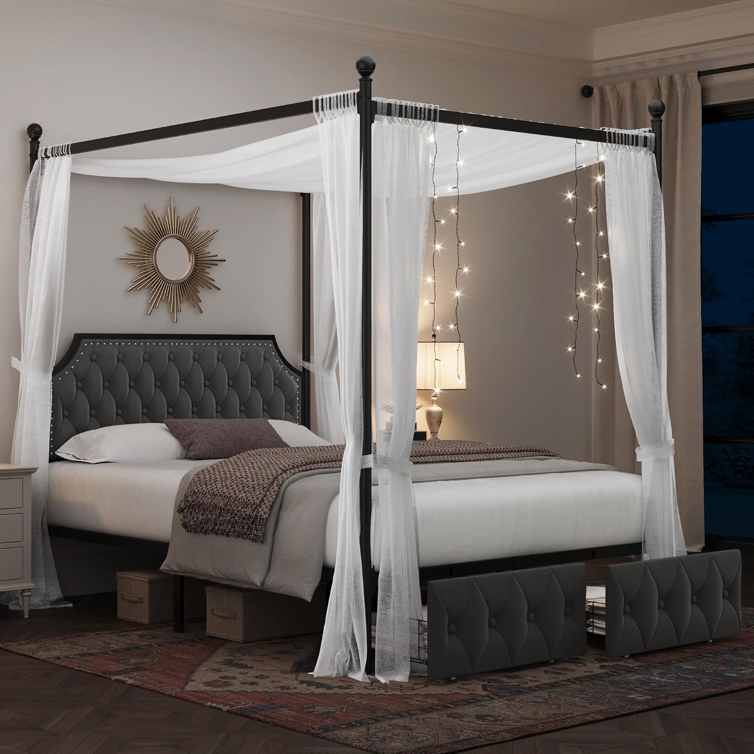 Cadre de lit avec tête de lit  - Canopy Bed Frame Metal Queen avis et prix