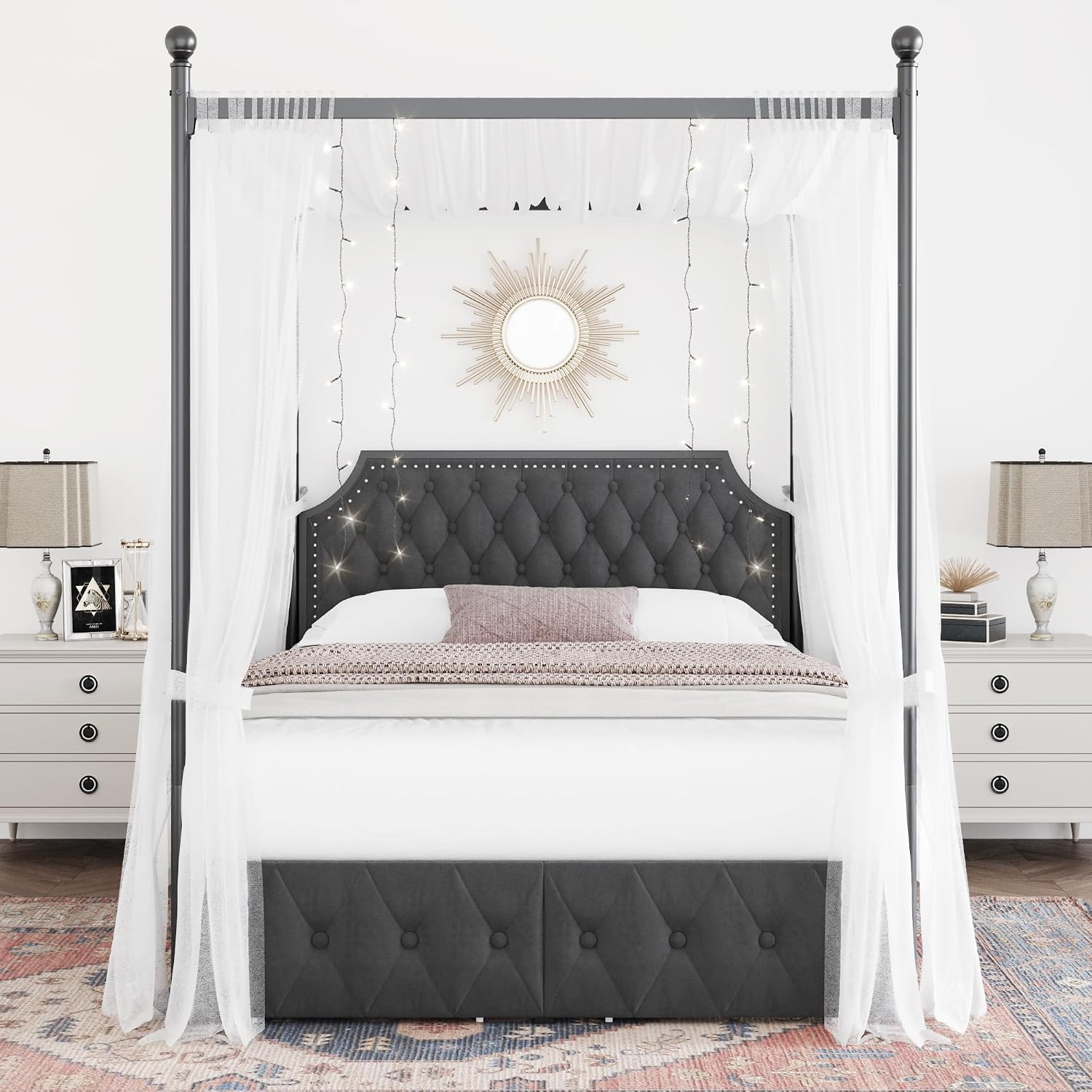 Cadre de lit avec tête de lit  - Canopy Bed Frame Metal Queen avis et prix