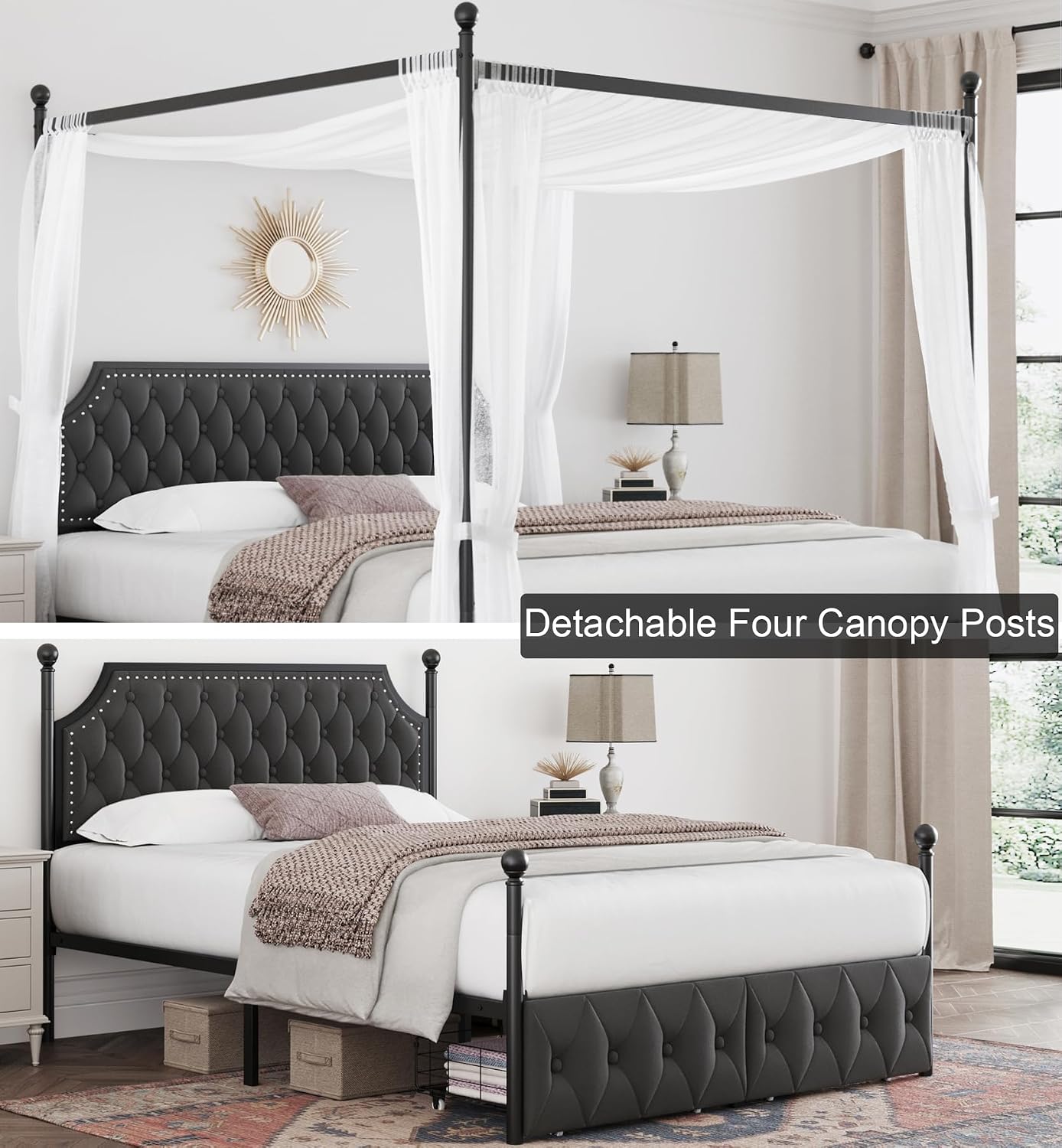Cadre de lit avec tête de lit  - Canopy Bed Frame Metal Queen avis et prix